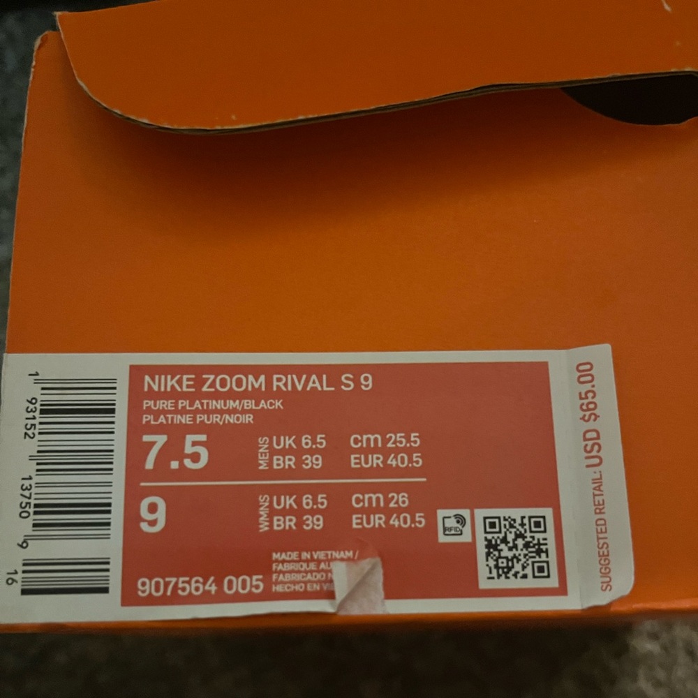 Nike Zoom Rival S 9 , Size 7.5 Men, 9 WMNS, pure platinum and black